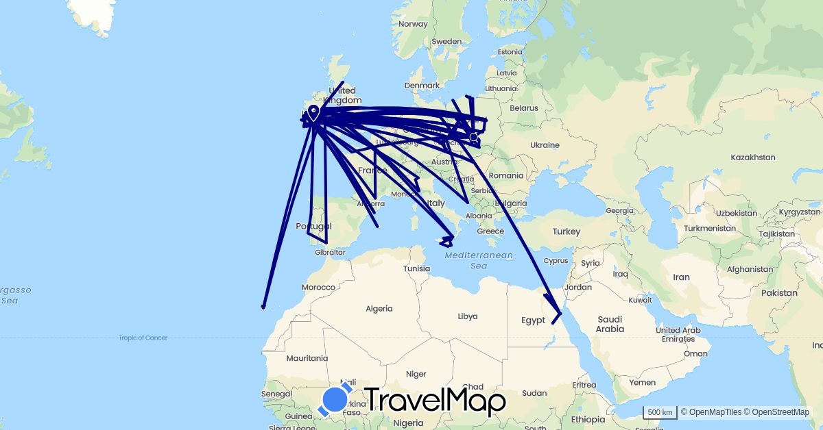 TravelMap itinerary: driving in Austria, Czech Republic, Germany, Egypt, Spain, France, United Kingdom, Croatia, Hungary, Ireland, Italy, Poland, Portugal, Slovakia (Africa, Europe)